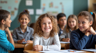 Happy elementary school children sitting at their desks in a classroom, smiling and learning together.